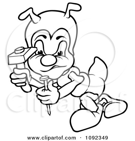 Clipart Outlined Worker Ant Using A Hammer And Nail - Royalty Free Vector Illustration by dero