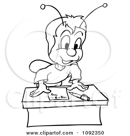Clipart Outlined Beetle Leaning Over A Desk - Royalty Free Vector Illustration by dero