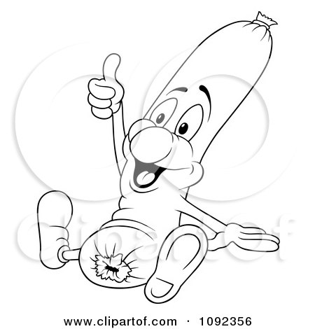 Clipart Outlined Sitting Frankfurter Holding A Thumb Up - Royalty Free Vector Illustration by dero