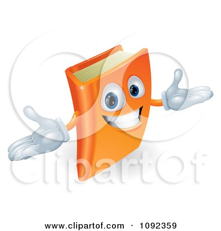 Clipart 3d Orange Book Character Smiling And Shrugging - Royalty Free Vector Illustration by AtStockIllustration