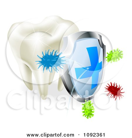Clipart 3d Shield Protecting A Human Tooth From Decay And Bacteria - Royalty Free Vector Illustration by AtStockIllustration