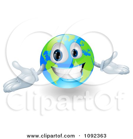 Clipart 3d Happy Smiling Globe Mascot Gesturing With His Hands - Royalty Free Vector Illustration by AtStockIllustration