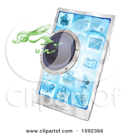 Clipart 3d Music Notes And Speaker Emerging From A Cell Phone - Royalty Free Vector Illustration by AtStockIllustration