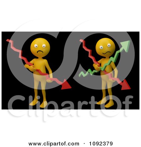 Clipart 3d Stressed Orange People Holding Financial Graph Arrows On Black - Royalty Free CGI Illustration by Mopic
