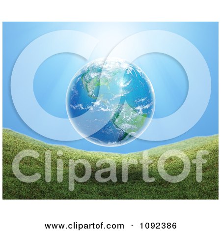Clipart 3d Earth Floating Over Grassy Hills - Royalty Free CGI Illustration by Mopic