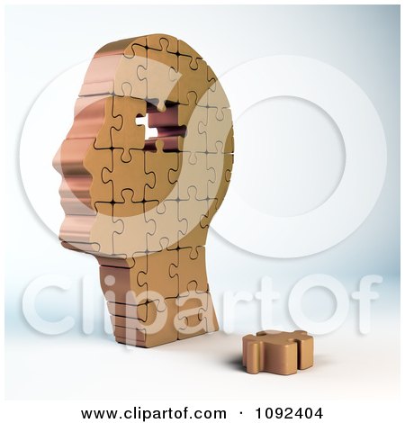 Clipart 3d Copper Human Puzzle Piece Head - Royalty Free CGI Illustration by Mopic