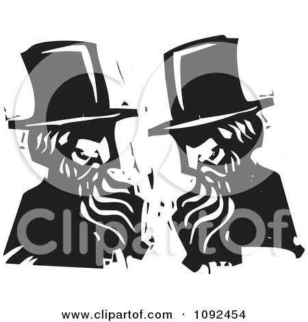 Clipart Men Wearing Top Hats And Talking Face To Face Black And White Woodcut - Royalty Free Vector Illustration by xunantunich
