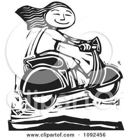 Clipart Happy Girl Catching Air On Her Scooter Black And White Woodcut - Royalty Free Vector Illustration by xunantunich
