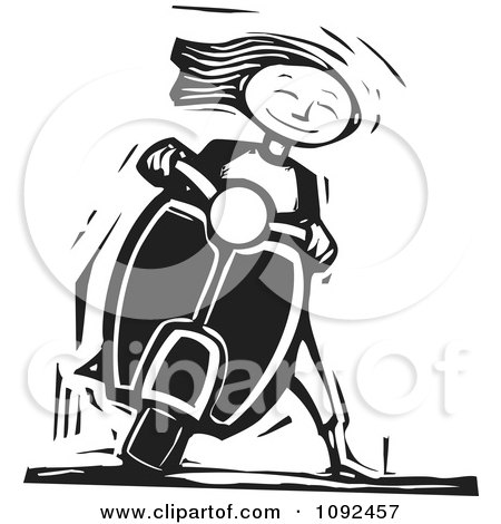 Clipart Happy Girl Leaning Her Scooter While Waiting Black And White Woodcut - Royalty Free Vector Illustration by xunantunich