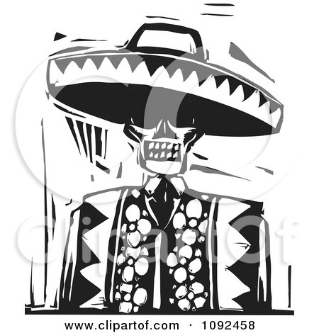 Day Of The Dead Skeleton Wearing A Sombrero Black And White Woodcut Posters, Art Prints