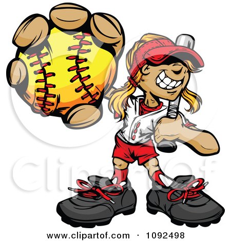 Clipart Softball Girl Holding Out A Ball With A Bat Resting On Her Shoulder - Royalty Free Vector Illustration by Chromaco