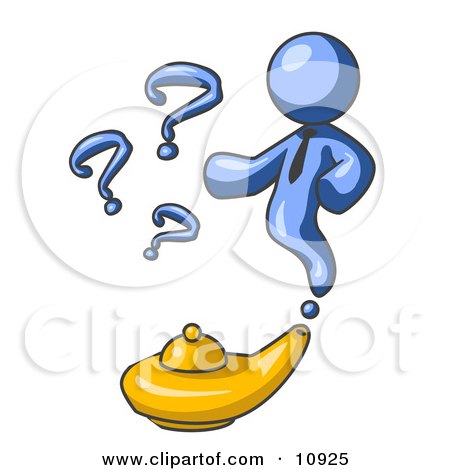 Blue Genie Man Emerging From a Golden Lamp With Question Marks Clipart Illustration by Leo Blanchette