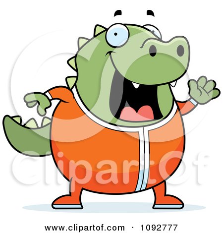 Clipart Chubby Lizard Waving In Pajamas - Royalty Free Vector Illustration by Cory Thoman