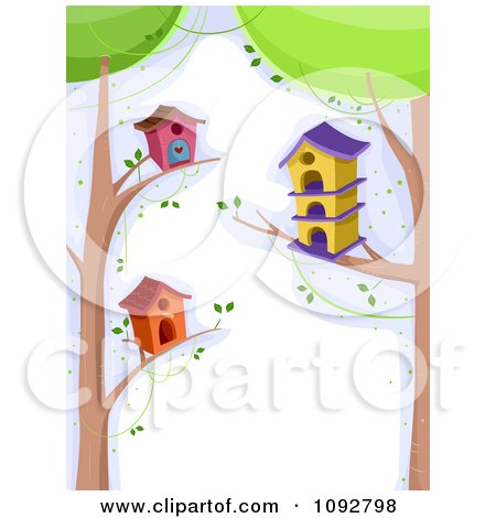 Clipart Border Of Bird Houses On Tree Branches With White Copyspace - Royalty Free Vector Illustration by BNP Design Studio