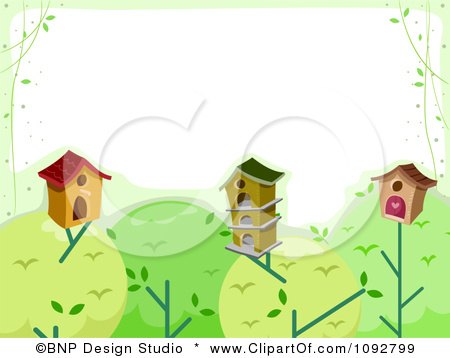 Clipart Border Of Bird Houses On Tree Tops With White Copyspace - Royalty Free Vector Illustration by BNP Design Studio