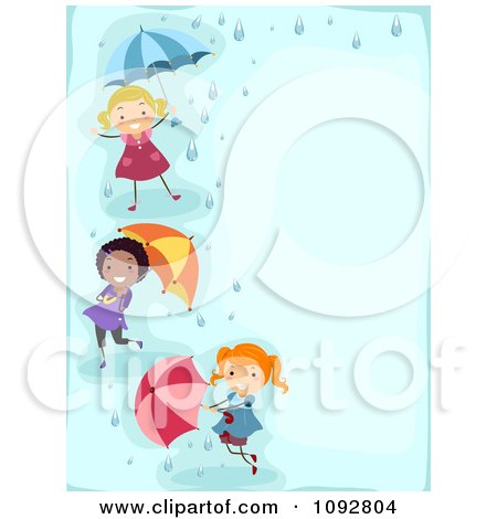 Clipart Border Of Girls Playing With Umbrellas And Rain With Blue Copyspace - Royalty Free Vector Illustration by BNP Design Studio
