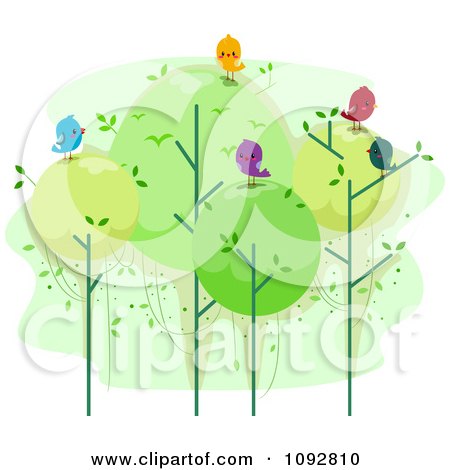 Clipart Happy Birds On Top Of  Round Trees - Royalty Free Vector Illustration by BNP Design Studio