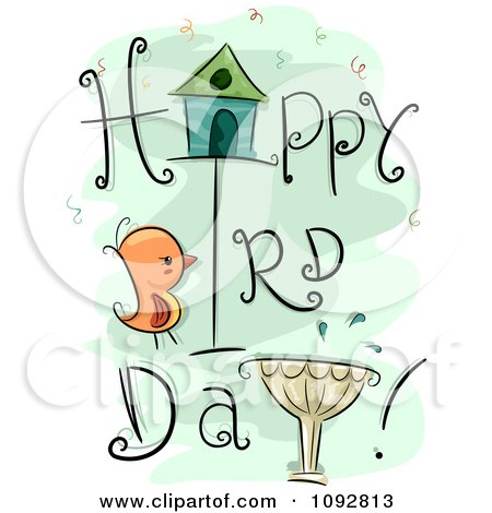 Clipart Happy Bird Day Text With A House Chick And Bath On Green - Royalty Free Vector Illustration by BNP Design Studio