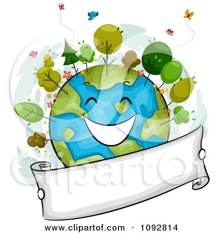 Clipart Happy Earth With Trees And A Blank Banner - Royalty Free Vector Illustration by BNP Design Studio