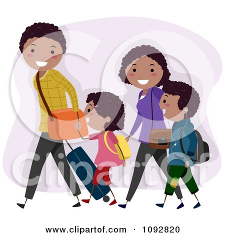 Clipart Happy Black Family Walking With Travel Luggage - Royalty Free Vector Illustration by BNP Design Studio