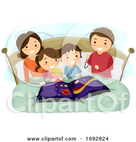 Clipart Mother Reading An Astronomy Book To Her Kids At Bed Time - Royalty Free Vector Illustration by BNP Design Studio