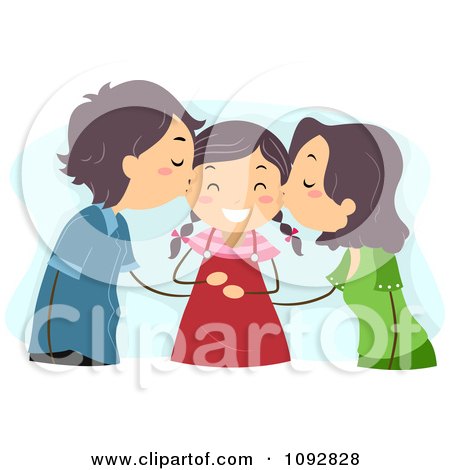 Clipart Mom And Dad Kissing Their Daughter On Her Cheeks, Over Blue - Royalty Free Vector Illustration by BNP Design Studio