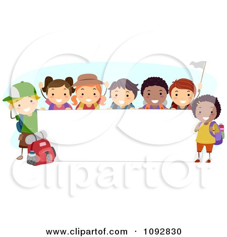 Clipart Happy Diverse Summer Camp Children By A Blank Banner - Royalty Free Vector Illustration by BNP Design Studio