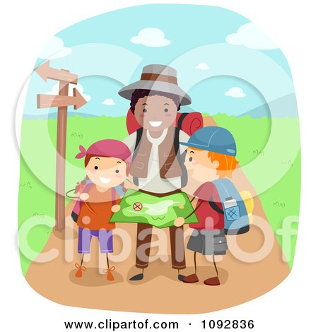 Clipart Summer Camp Guide Showing Kids A Map - Royalty Free Vector Illustration by BNP Design Studio