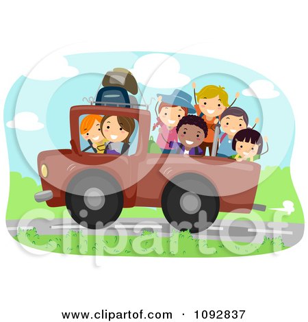 Clipart Summer Camp Kids Riding In The Back Of A Truck - Royalty Free Vector Illustration by BNP Design Studio