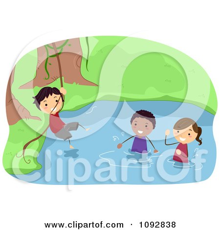 Clipart Summer Camp Kids Swinging On A Vine Over A River - Royalty Free Vector Illustration by BNP Design Studio