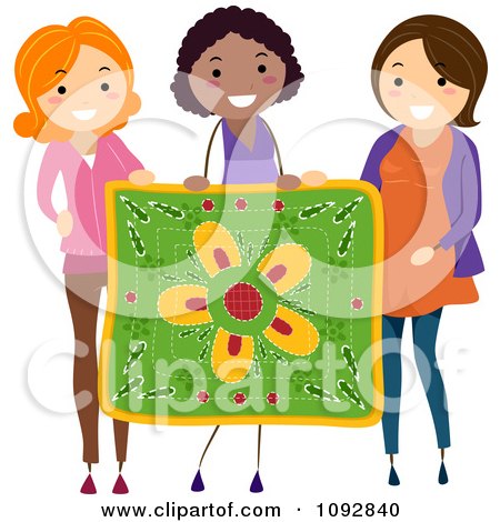 Clipart Three Women Holding Up A Floral Quilt - Royalty Free Vector Illustration by BNP Design Studio