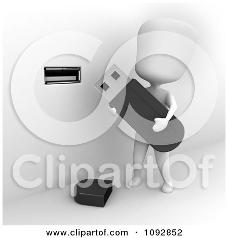 Clipart 3d Ivory Person Inserting A Flash Drive - Royalty Free CGI Illustration by BNP Design Studio
