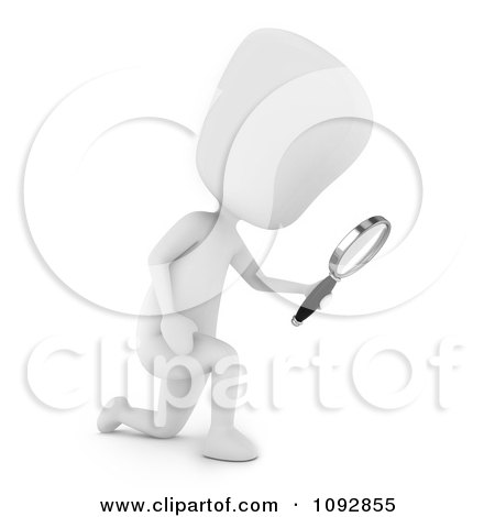 Clipart 3d Ivory Person Kneeling And Searching With A Magnifying Glass - Royalty Free CGI Illustration by BNP Design Studio