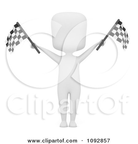 Clipart 3d Ivory Person Holding Up Checkered Race Flags - Royalty Free CGI Illustration by BNP Design Studio