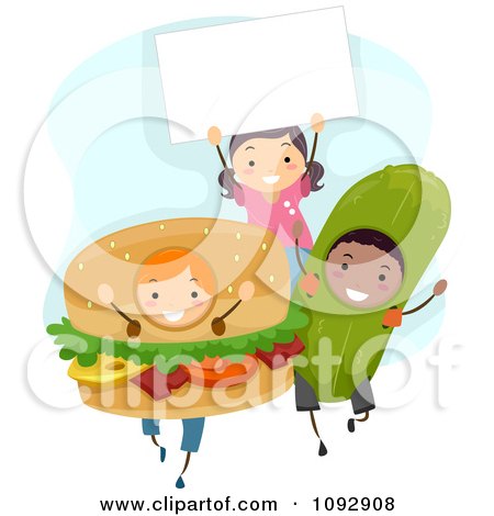 Clipart Children In Hamburger And Pickle Costumes With A Sign - Royalty Free Vector Illustration by BNP Design Studio
