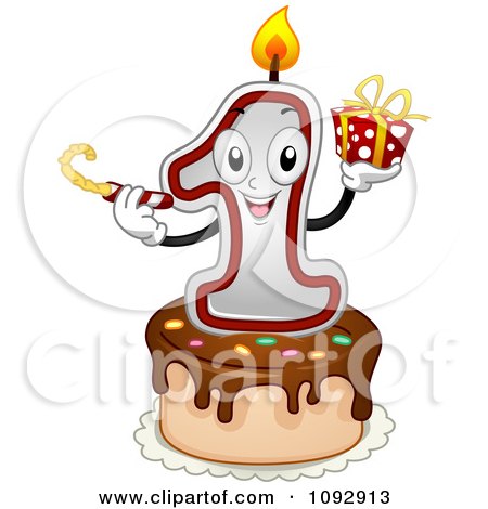 Clipart Happy One First Birthday Candle Holding A Noise Maker And Present On A Cake - Royalty Free Vector Illustration by BNP Design Studio
