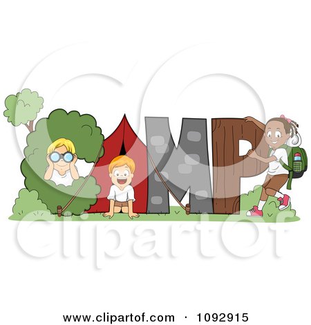 Clipart Happy Children On Nature Items Spelling CAMP - Royalty Free Vector Illustration by BNP Design Studio