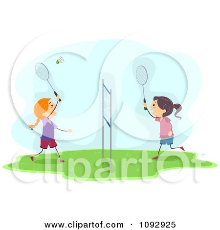 Clipart Happy Girls Playing Badminton - Royalty Free Vector Illustration by BNP Design Studio