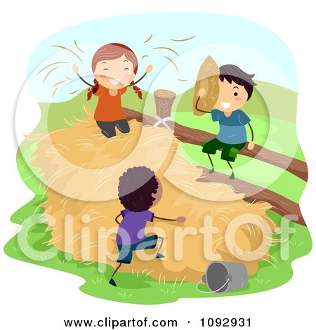 Clipart Happy Kids Playing in A Hay Stack On A Farm - Royalty Free Vector Illustration by BNP Design Studio