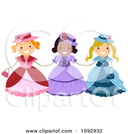 Clipart Three Girls Wearing Victorian Dresses - Royalty Free Vector Illustration by BNP Design Studio