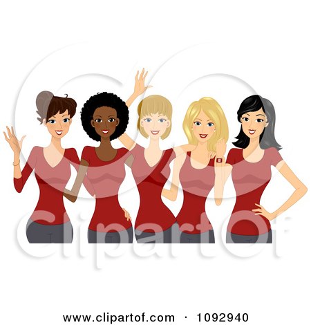 Clipart Beautiful Diverse Ladies Wearing Red T Shirts - Royalty Free Vector Illustration by BNP Design Studio