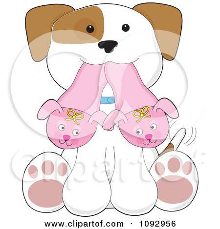 Clipart Cute Puppy Sitting With Bunny Slippers In His Mouth - Royalty Free Vector Illustration by Maria Bell