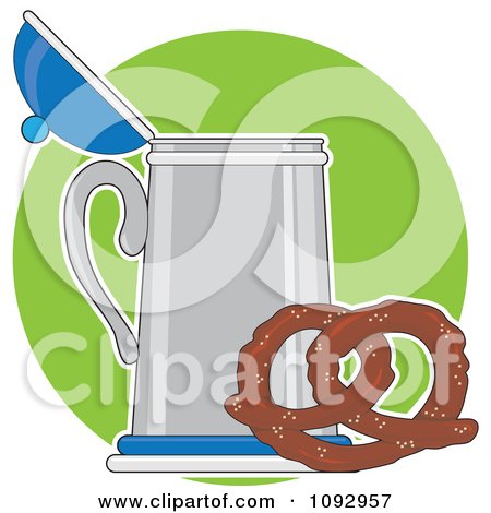 Clipart Soft Pretzel And Beer Stein Over A Green Circle - Royalty Free Vector Illustration by Maria Bell