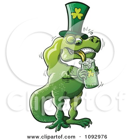 Clipart St Patricks Day T Rex Drinking Green Beer - Royalty Free Vector Illustration by Zooco
