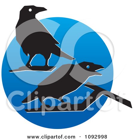 Clipart Silhouetted Crows Over A Blue Circle - Royalty Free Vector Illustration by Lal Perera