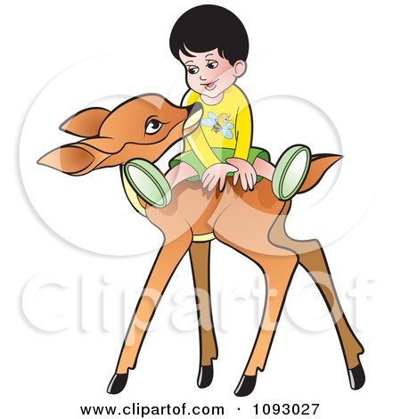 Clipart Little Boy Sitting On A Friendly Deer - Royalty Free Vector Illustration by Lal Perera