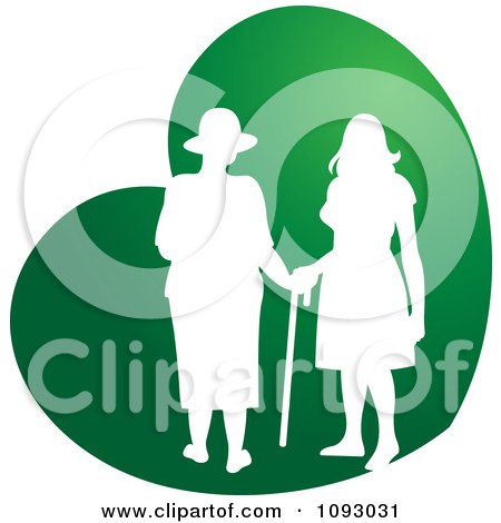 Clipart Silhouetted Nurse Helping An Elderly Woman With A Cane Over A Green Heart - Royalty Free Vector Illustration by Lal Perera