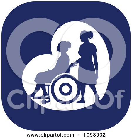 Clipart Silhouetted Nurse Helping An Elderly Woman In A Wheelchair Over A Blue Square - Royalty Free Vector Illustration by Lal Perera