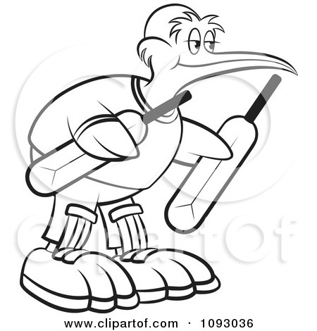 Clipart Outlined Cricket Kiwi Bird Holding Bats - Royalty Free Vector Illustration by Lal Perera