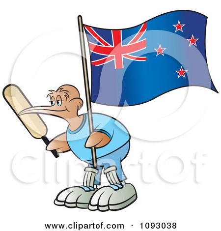Clipart Cricket Kiwi Bird Holding A Bat And New Zealand Flag - Royalty Free Vector Illustration by Lal Perera